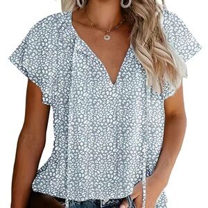 Blue & White Print Flutter Sleeve Blouse – Size 4 Temu- Casual V-Neck -Brand New